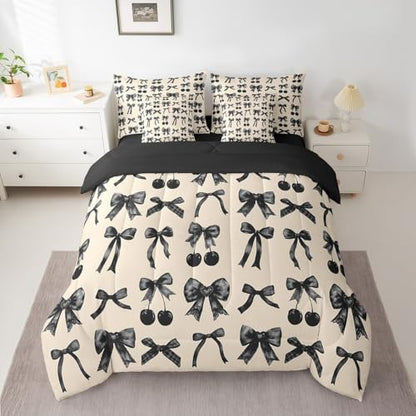 Erosebridal Black Cherry Bow King Size Comforter Set with Sheets Cute Silk Ribbon Bowknot 7 Piece Bedding Set, Princess Bow Tie Dreamy Kawaii Bed in a Bag, Princess Room Decor Aesthetic