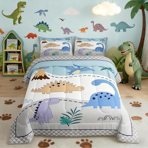 Castle Fairy Cartoon Jungle Dino Comforter/Duvet Set King Size,Kids Dinosaur Ultra Soft Bed Collection,Cute Wildlife Animal Double Sides Print Bedding for Bedroom Decor 3 Pcs,Microfiber Breathable