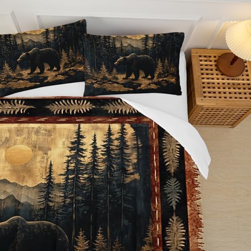 Black Bear Comforter Set Twin Size for Kids Boys,Rustic Comforter Set,Cabin Woodland Forest Animals Hunting Bedding Set,Soft Microfiber Wildlife Quilt Set