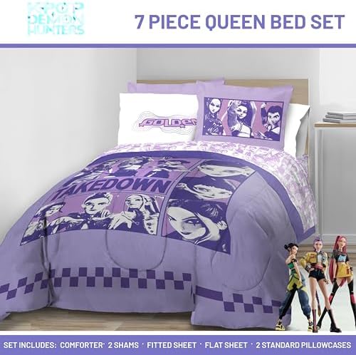 KPOP Demon Hunters Queen Comforter Set 7 Piece Kids Cartoon Bedding, Purple