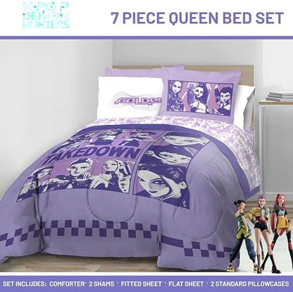 KPOP Demon Hunters Queen Comforter Set 7 Piece Kids Cartoon Bedding, Purple