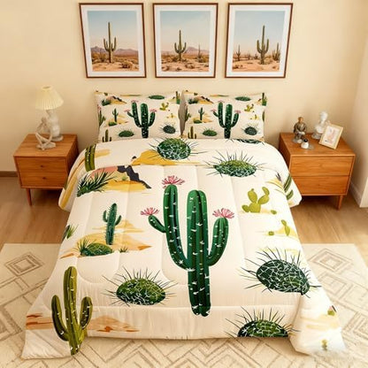 Manfei Desert Comforter Set Full Size Green Cactus Bedding Set 3pcs for Kids Boys Teens Botanical Duvet Insert Soft Microfiber Down Comforter with 2 Pillowcases