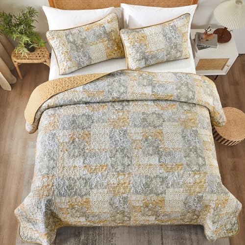 Mybedsoul Yellow Boho Quilt Queen Size, Patchwork Floral Bedding Set