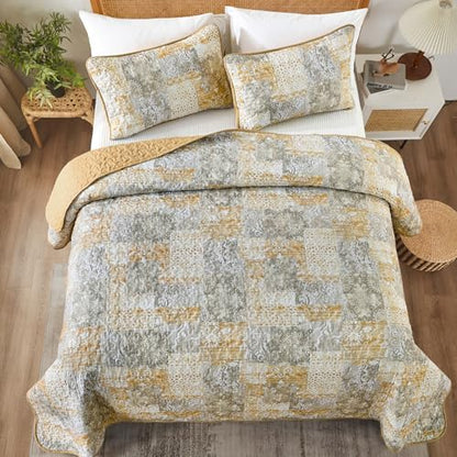 Mybedsoul Yellow Boho Quilt Queen Size, Patchwork Floral Bedding Set