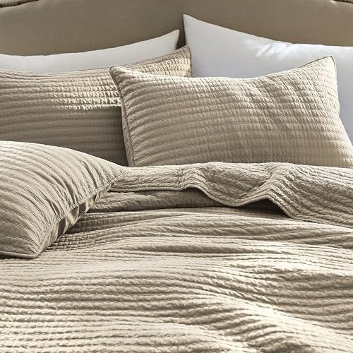 WDCOZY 100% Cotton Twin Size Quilt Set, Channel Pick Stitch, Beige Flax