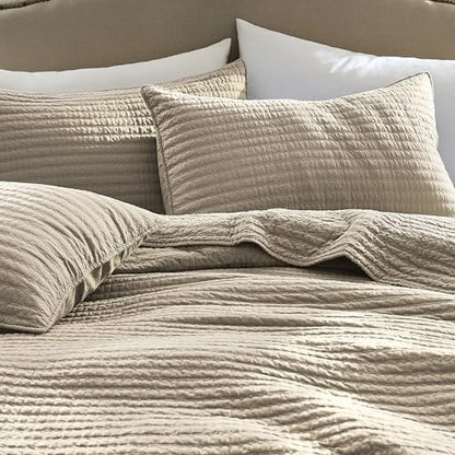 WDCOZY 100% Cotton King Size Quilt Set, Channel Pick Stitch, Beige Flax