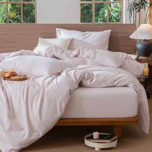 MooMee Striped Duvet Cover Set 100% Washed Cotton Linen Like Cal King