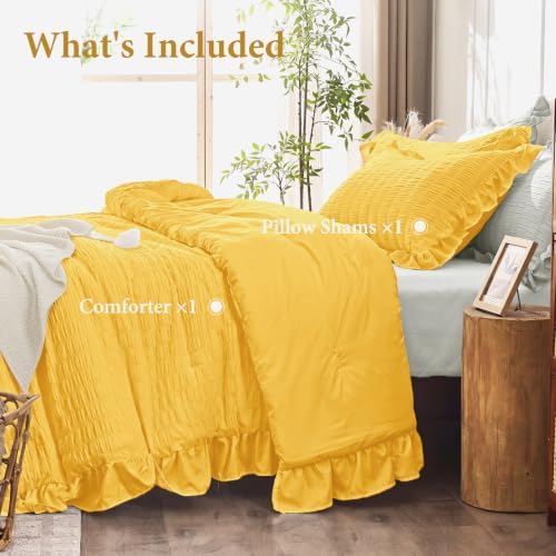 JOLLYVOGUE Pumpkin Yellow Twin Comforter Set, 2pc Ruffle Seersucker Bed Set