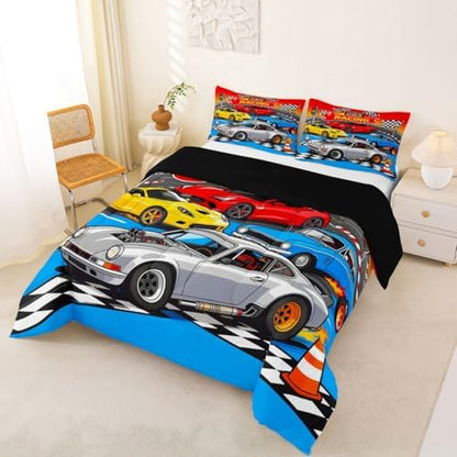 Feelyou Boys Race Car Kids Comforter Set Full Size Speed Sports Car Bedding Set Racing Extreme Sports Duvet Quilt for Kids Boys Girls Bedroom Automobile Decor Microfiber Ultra Soft Breathable