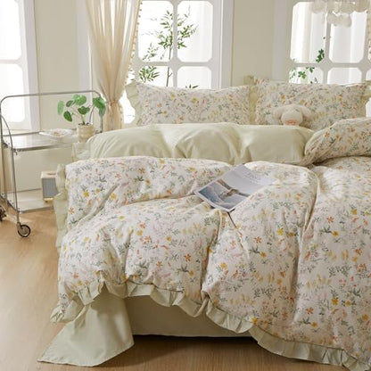 mixinni 100% Cotton Duvet Cover Set King, Reversible Spring Floral Ruffle Green Striped Bedding for Girls, French Country Cottagecore Aesthetic 3PC Duvet Cover with Zipper Closure & Pillowcases