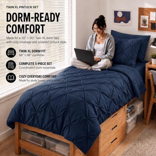 HIMEET Twin Comforter Set Navy Blue - 5 Pieces Pintuck Bed in a Bag