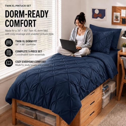 HIMEET Twin Comforter Set Navy Blue - 5 Pieces Pintuck Bed in a Bag