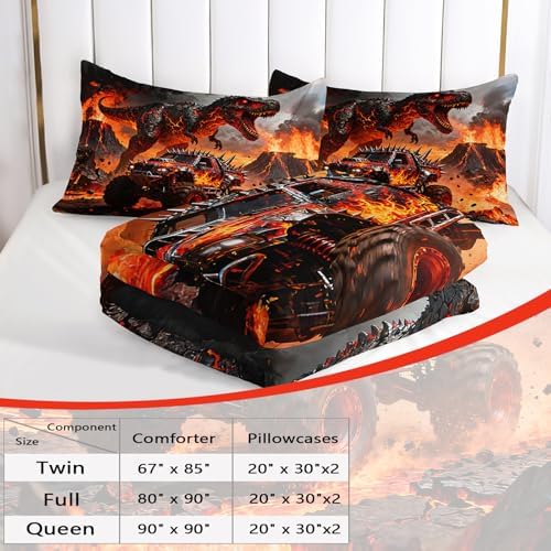 AILONEN Dino Monster Truck Comforter Set Twin 3 Piece - Black Volcano Flame Bedding for Kids Boys - Soft Microfiber with 2 Pillowcases