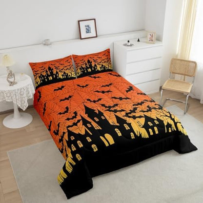Homewish Castle Silhouette Full Size Comforter Set,Orange Yellow Bedding Set for Adults Teens,Children Black Bat Comforter Luxury Halloween Theme Quilt Set Room Decor 3Pcs
