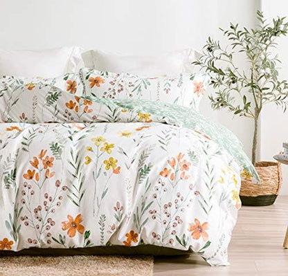 SLEEPBELLA King Size Comforter Set Yellow Flowers & Green Botanical Pattern Printed on White 100% Cotton Fabric, Ultra Soft Microfiber Inner Fill 3Pcs Bedding Set