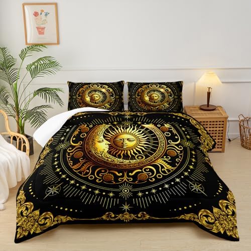 Black and Gold Twin Size Sun and Moon Comforter Set，Quilts Twin Size Bedding Sets Sun Moon，with 1 Comforter with 2 Pillow Case