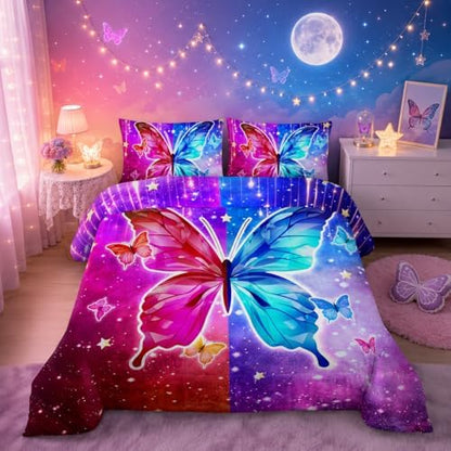 Nttopship Red and Blue Butterfly Comforter Set Queen Size,100% Soft Ultra-Fine Fiber Four Season Printed Comforter Set with 1 Comforter and 2 Pillow Case