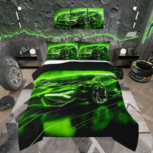 Feelyou Kids Boys Sports Car Comforter Set King Size Green Race Car Comforter for Kids Teens Room Decor Extreme Sports Theme Bedding Set Cool Speed Luxury Car Decor Quilt Set Soft for All Season
