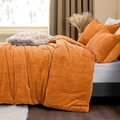ChiXpace Fleece King Size Comforter Set Burnt Orange, Fluffy Bed Set 3 Pieces