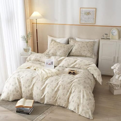 LifeTB Vintage Boho Floral Comforter Set Queen Soft Fluffy Beige Floral Bedding Comforter Set 1 Queen Comforter with 2 Pillowcases Garden Style Vintage Flower Botanical Comforter Set for All Seasons