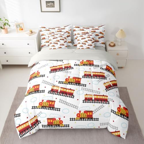 Feelyou Red Vintage Train Comforter Set Queen Size Retro Steam Locomotive Down 7 Pcs Bedding for Boys Girls Adults Bed in a Bag,Transportation Vehicles Bed Sheet Sets with Fitted Sheet Pillowcases