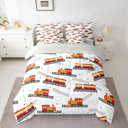 Feelyou Red Vintage Train Comforter Set Queen Size Retro Steam Locomotive Down 7 Pcs Bedding for Boys Girls Adults Bed in a Bag,Transportation Vehicles Bed Sheet Sets with Fitted Sheet Pillowcases