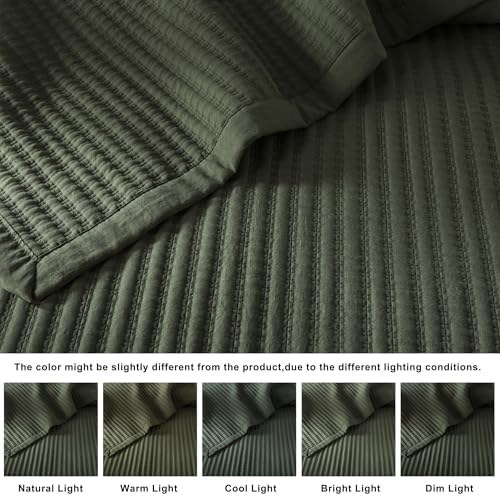 WDCOZY Olive Green Twin Size Quilt Set, Striped Pick Stitch Bedspread