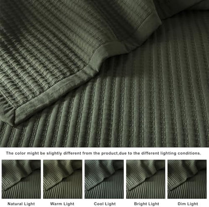 WDCOZY Olive Green Twin Size Quilt Set, Striped Pick Stitch Bedspread