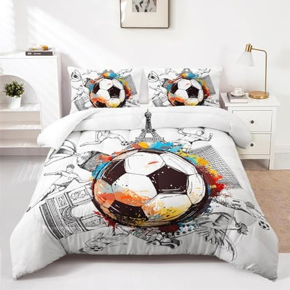 Nttopship Soccer Sports Comforter Set Full Size,100% Soft Ultra-fine Fiber Four Season Hand Drawn Graffiti Style Comforter Set,with 1 Comforter and 2 Pillow Case