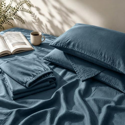 MEISHANG 100% French Linen Sheets California King,4 Pcs,16" Deep Pocket