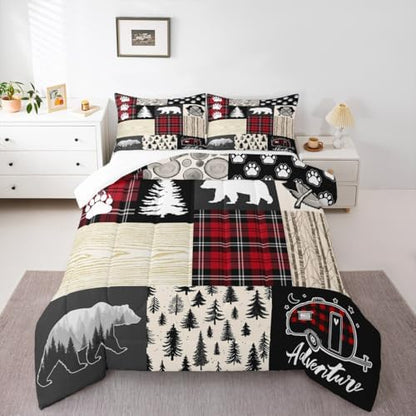 Bear Comforter Set King Size,Pine Trees Animals Hunting Bedding Set for Kids Boys Girls Adults Room Decor,Camping Adventure Rustic Farmhouse Down Comforter,Red Plaids Duvet Insert,2 Pillowcases