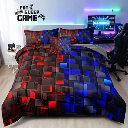 6 Pieces 3D Block Bedding Set Twin Size Red Blue Gaming Block for Boys Comforter Set Bed in A Bag Perfect for Boys Girls Kids Teens Bedroom Decorative Twin09