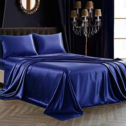 SiinvdaBZX 4Pcs Satin Sheet Set King Size 15-Inch Deep Pocket, Navy Blue