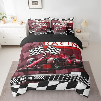 Race Car 7 Pcs Comforter Set Queen Size Bed in a Bag,Red Camouflage Print Racing Car Bed Set Room Decor,Geometric Grids Bedding Sets with Comforter,Flat,Fitted Sheet,Pillowcases,Pillow Covers