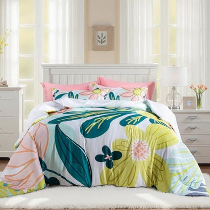 Tyrot Boho Floral Queen Comforter Set - 3 Piece Summer Tropical Botanical Bedding Comforter Sets for All Season Soft Lightweight Mid Century Bed Set, (1 Reversible Comforter and 2 Pillow Shams
