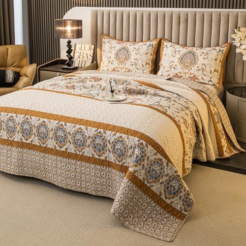 Bohemian Queen Size Quilt Comforter Sets 3 Pieces Quilts (1 Quilt, 2 Pillow Shams) Nordic Bedding Set Printed Coverlet with Pillowcase Lightweight Bedspread Set for All Seasons(Yellow)