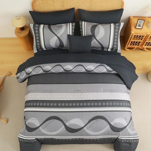 Anibedding Grey Comforter Set Queen Size,8 Pieces Striped Bed in a Bag