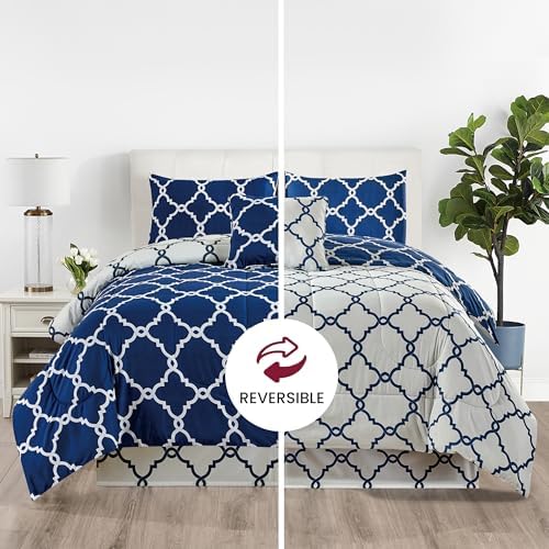 LUX Décor Reversible 5pc Queen Comforter Set, Printed Bedding Set, All-in-One Bed in a Bag, Includes 1 Comforter, 2 Pillow Shams, 1 Decorative Pillow & 1 Bed Skirt (Quatrefoil Navy,Queen)