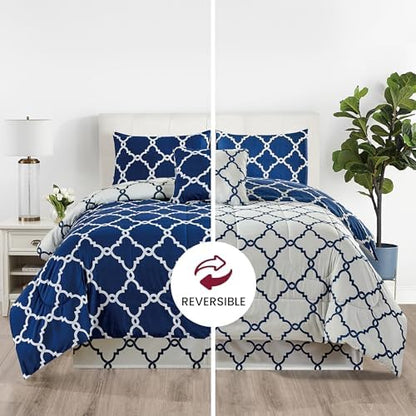 LUX Décor Reversible 5pc Queen Comforter Set, Printed Bedding Set, All-in-One Bed in a Bag, Includes 1 Comforter, 2 Pillow Shams, 1 Decorative Pillow & 1 Bed Skirt (Quatrefoil Navy,Queen)