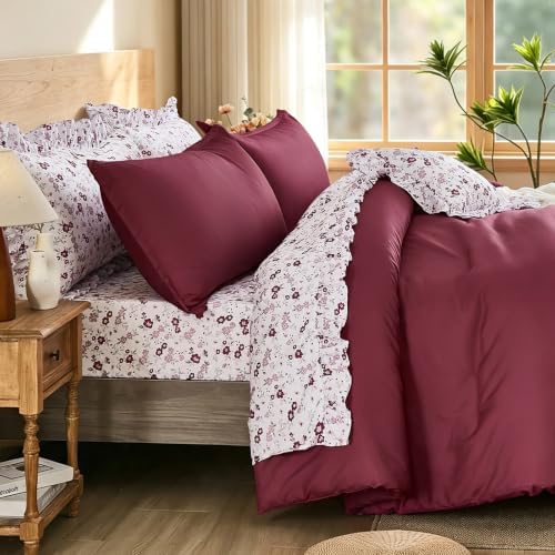 WONGS BEDDING 8PC King Comforter Set, Ruffle Comforter with Floral Sheets