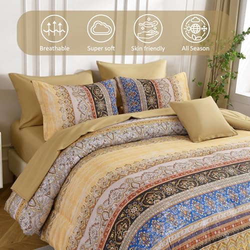 Cottolester Boho Full Comforter Set,Yellow Bohemian Striped Bed in a Bag