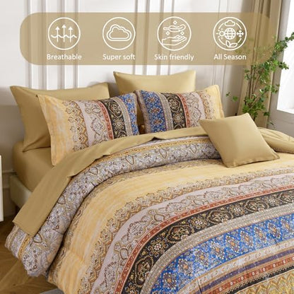 Cottolester Boho Full Comforter Set,Yellow Bohemian Striped Bed in a Bag