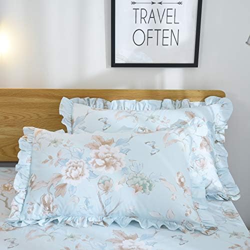 FADFAY Farmhouse Floral Bedding Shabby Blue Bird Print French Countryside Chic Bedding Set Luxury Bedskirt Collections 800 Thread Count 100% Egyptian Cotton, 4 Piece-Queen Size