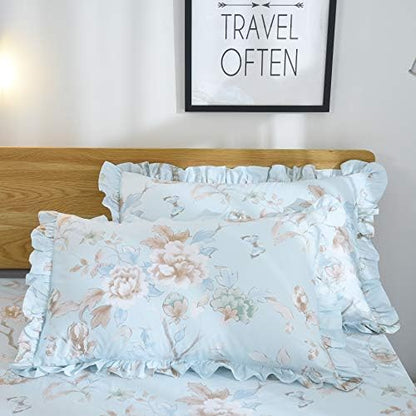 FADFAY Farmhouse Floral Bedding Shabby Blue Bird Print French Countryside Chic Bedding Set Luxury Bedskirt Collections 800 Thread Count 100% Egyptian Cotton, 4 Piece-Queen Size