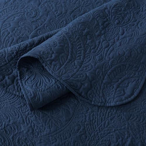 HoneiLife Queen Quilt Bedding Set - Microfiber Quilt Sets for Queen Bed, 3-Piece Lightweight Bedspreads,Reversible Coverlets Rustic Bedlinen Sets, Floral Bedding Set All Season Quilts-Navy