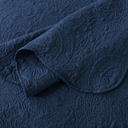 HoneiLife Queen Quilt Bedding Set - Microfiber Quilt Sets for Queen Bed, 3-Piece Lightweight Bedspreads,Reversible Coverlets Rustic Bedlinen Sets, Floral Bedding Set All Season Quilts-Navy