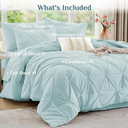 JOLLYVOGUE Oversized King Size Comforter Set 7 Pieces - Bed in a Bag Oversized King for All Season, Pintuck Bedding Sets with Comforter, Flat Sheet, Fitted Sheet and Pillowcases & Shams, Light Blue