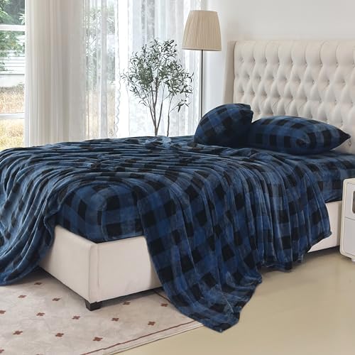 Elegant Comfort Luxuriously Soft 4-Piece Velvet Plush Flannel Sheet Set - Premium Quality - Cozy Warm, Anti-Static, Non Pilling Fuzzy Velvet Flannel Fleece Deep Pocket Sheet Set - King, Buffalo Blue
