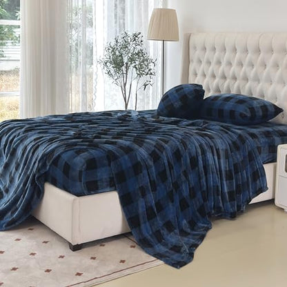 Elegant Comfort Luxuriously Soft 4-Piece Velvet Plush Flannel Sheet Set - Premium Quality - Cozy Warm, Anti-Static, Non Pilling Fuzzy Velvet Flannel Fleece Deep Pocket Sheet Set -Twin XL, Buffalo Blue