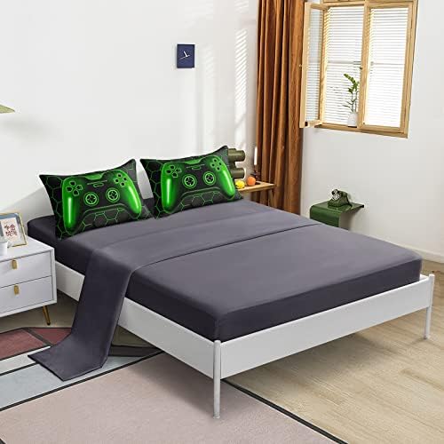 Gamer Bedding Set, 5 Piece Twin Size, Green, for Boys Girls Kids Teens, Video Game Bedding Decorative Bed in a Bag with Comforter, Sheets, Pillow Case, Cushion Cover